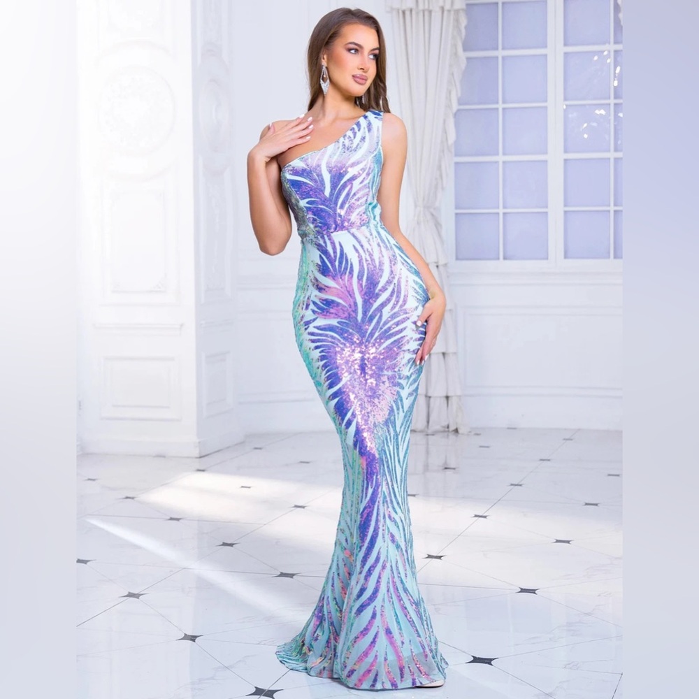Giffniseti Single Shoulder Sleeveless Elastic Sequin Long Dress Evening Dress S